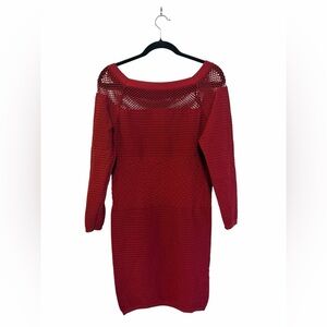 Yelete Red Knit Mesh Bodycon Mini Dress Sz L Stretchy Nylon Spandex Y2K Clubwear